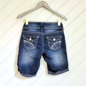 Dark Wash Denim Bermuda Shorts Flap Pockets NOBO